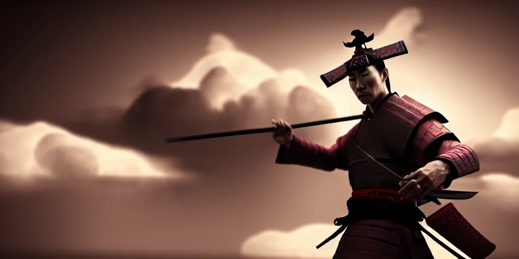 Image similar to a 3 d render of a mystical samurai, clouds, digital illustration, cinematic lighting, detailed, mysterious,