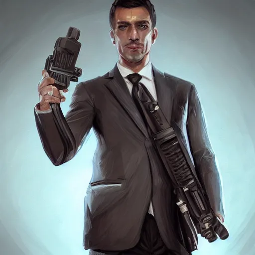 Image similar to portrait of an agent in a suit armed with a kriss vector, D&D, fantasy, elegant, hopeful, muscular, highly detailed, digital painting, artstation, concept art, smooth, sharp focus, illustration