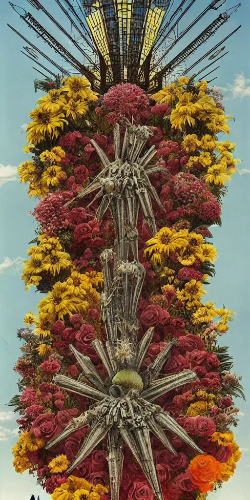 Image similar to colossal Beelzebub flower in the middle of post soviet constructivist cityscape, Stalinist architecture, brutalist architecture, ultradetailed, Intricate by Giuseppe Arcimboldo and MC Esher and Wes Anderson and H.R. Giger