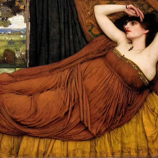 Image similar to preraphaelite photography reclining on bed, a hybrid of judy garland and a hybrid of lady gaga and anne hathaway, aged 2 5, big brown fringe, wide shot, yellow ochre ornate medieval dress, john william waterhouse, kilian eng, rosetti, john everett millais, william holman hunt, william morris, 4 k