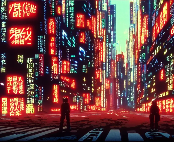 Image similar to cyberpunk street view, film still from japanese animated cyberpunk film Akira movie with art direction by Katsuhiro Otomo, wide lens