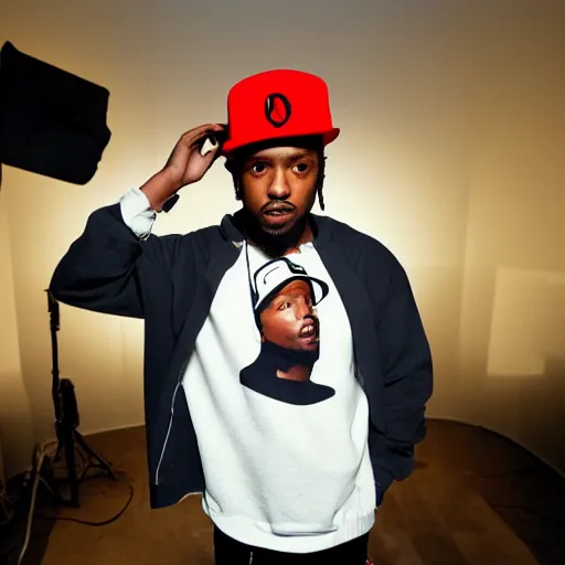 Image similar to kendrick lamar wearing mario hat, studio lighting