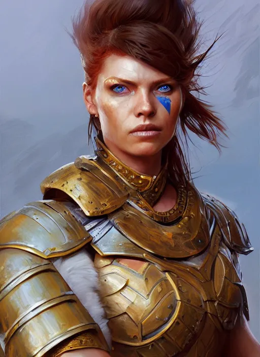 Image similar to highly detailed painting of a warrior woman commander, armored, icelandic redhead, tan skin, blue - eyes, high fantasy, dungeons and dragons art by jon foster trending on artstation painted by greg rutkowski, painted by stanley artgerm