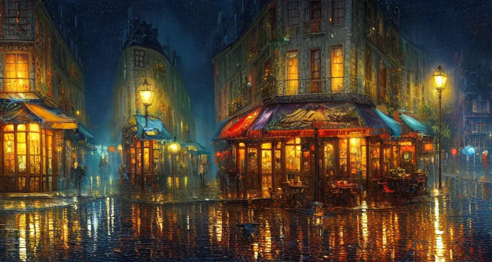 Prompt: beautiful oil painting, mysterious world in Paris Cafe among the rain and stars, painted by Dan Mumford, Alexander Jansson,thomas kinkade, colorful,4k unreal engine game,Trending on artstation