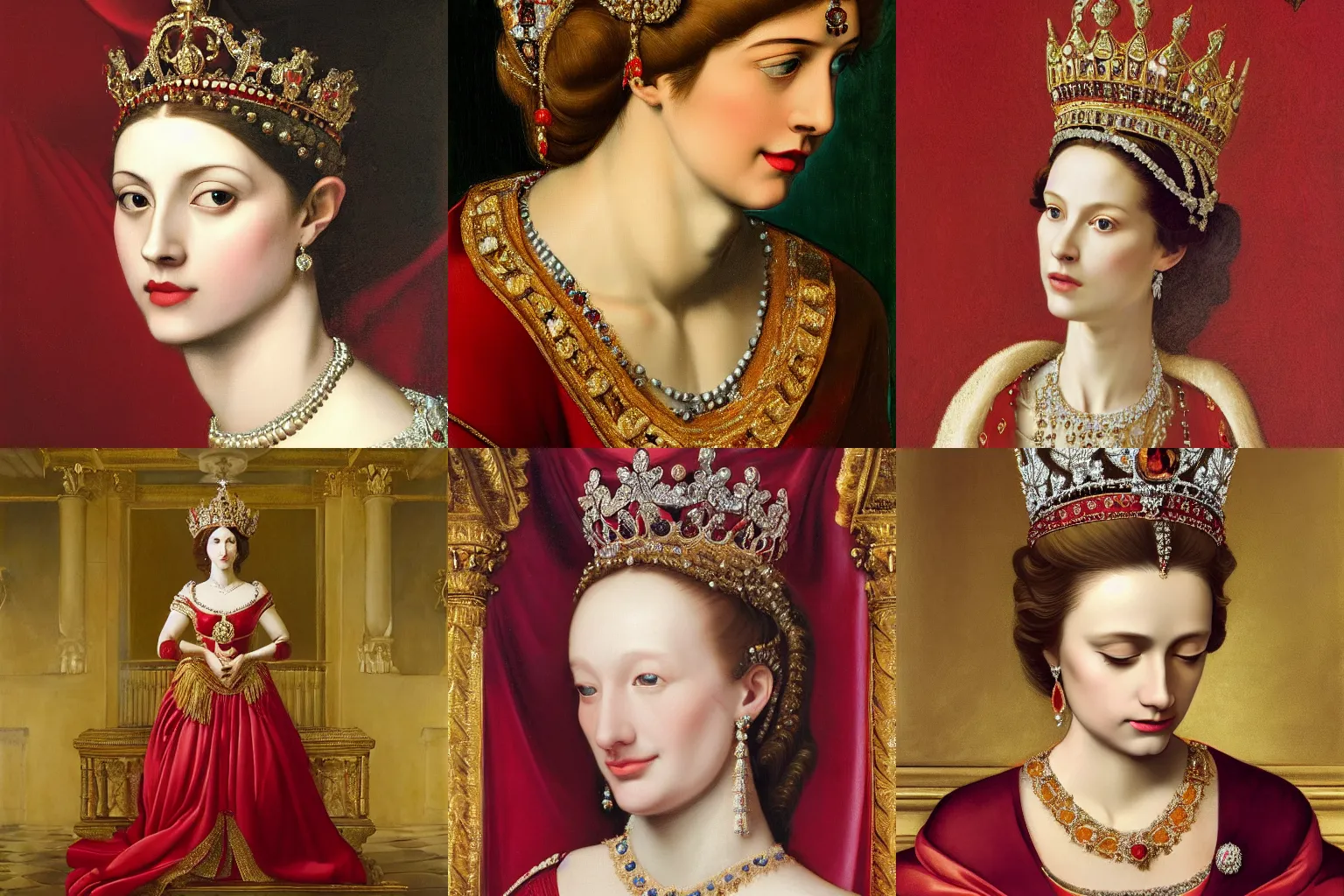 Image similar to A extremely highly detailed majestic hi-res beautiful head and shoulders painting of a beautiful woman wearing a long royal red silk dress, the crown jewels is on her head and she is holding a golden goblet and around her neck is a ornate golden necklace decorated with diamonds and rupees by Michelangelo Merisi da Caravaggio, high detail, hyperrealistic, photorealistic, octante render, cinematic, high textures, royaltly, royal, hyper sharp, 4k insanely detailed and intricate, hypermaximalist, 8k, hyper realistic, super detailed, 4k HDR hyper realistic high,