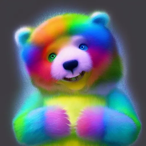 Image similar to cutie fluffy creature rainbow bear, digital art, 3 d, octave render, masterpiece, mega detailed, pixar, disney, vivid illustration, cartoon, fantasy, by george stubbs, artgerm, in the style of ghibli kazuo oga, pastel fur