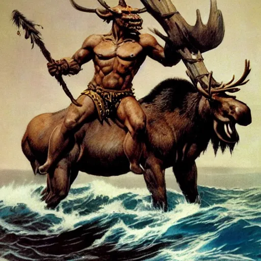 Prompt: anthropomorphic moose barbarian humanoid by frank frazetta, pirate ship, sea, fantasy
