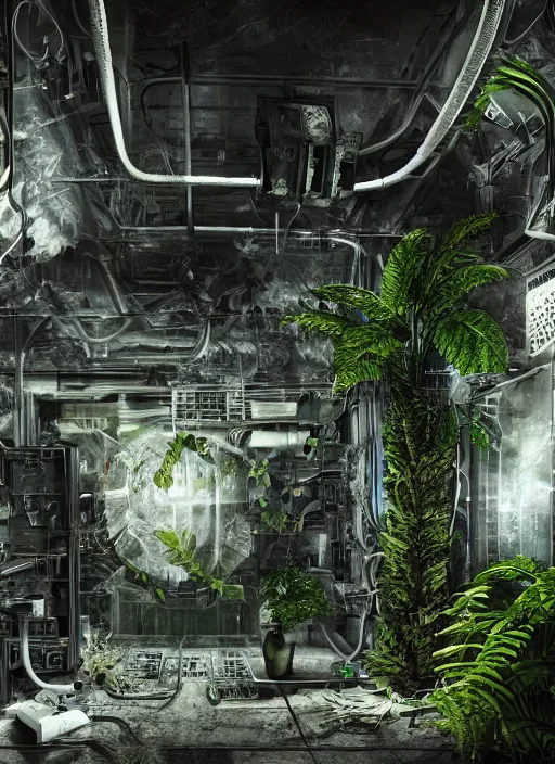 Prompt: secret Military lab, tropic plants growing inside cryo chambers connected with cable, photo realistic, realistic, cinematic, establishing shot, extremly high detail, cinematic lighting, concept art, matte painting, denoise