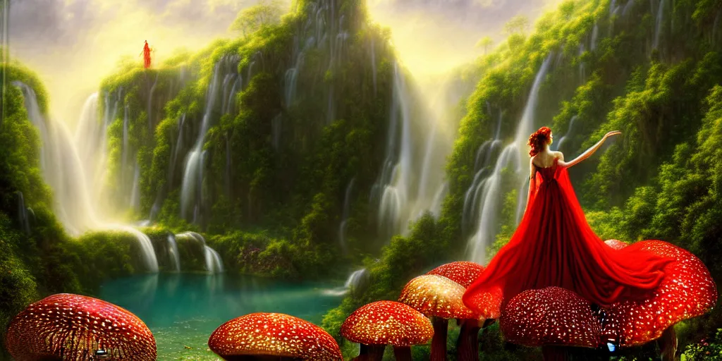 Image similar to an elegant fairy queen in a red lace dress dancing looking out at a lord of the rings scenery landscape, vast lush valley flowers and giant mushroom structures, waterfall falling into a clear lake, river, sunrise, god's rays highly detailed, vivid colour, soft clouds, floral sunset, cinematic lighting, perfect composition, gustave dore, derek zabrocki, greg rutkowski