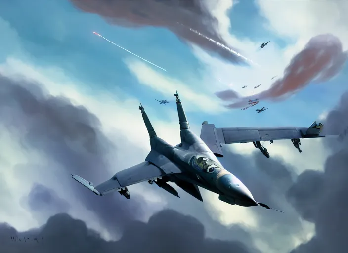 Image similar to portrait of figther jet evading, smoky sky background, lush landscape, illustration concept art anime key visual trending pixiv fanbox by wlop and greg rutkowski and makoto shinkai and studio ghibli and kyoto animation, ace combat 7 skies unknown, f 1 6 mixed panavia tornado, symmetrical