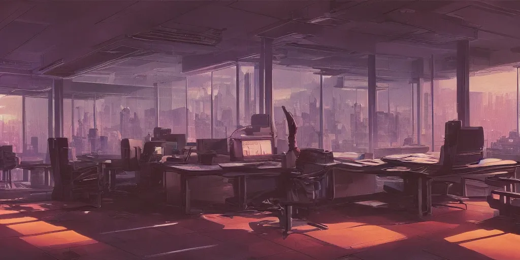 Prompt: a dystopian cyberpunk office interior with huge holographic displays everywhere, ralph maquarrie and syd mead cinematic matte painting, 4 k