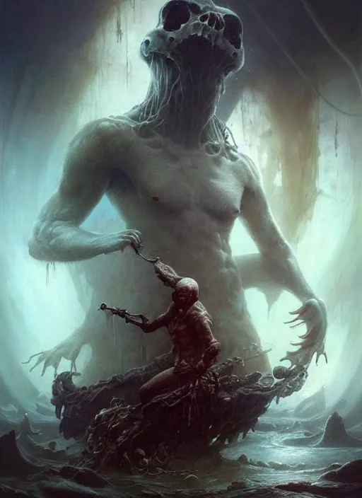 Image similar to shackled in styx river of the underworld, frank frank frazetta and cgsociety, stunning sasquatch, charlie bowater and tom bagshaw, insanely detailed, deviantart, space art, atoms surrounded by skulls, death, and spirits deep water, blood splatters, horror, sci - fi, surrealist painting, by peter mohrbacher