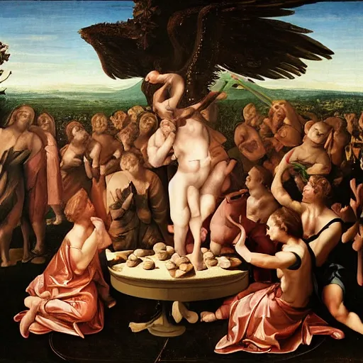 Prompt: satan eating Mr Kipling's french fancies, renaissance painting