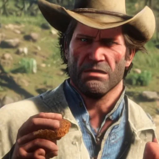 Image similar to arthur morgan from red dead redemption 2 eating a sandwich photo - realistic