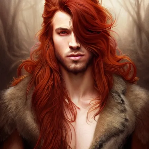 Prompt: portrait of a wolf, male, handsome, masculine, full body, red hair, long hair, soft hair, fantasy, intricate, elegant, highly detailed, suit, coffee shop, digital painting, artstation, concept art, character art, smooth, sharp focus, illustration, art by artgerm and greg rutkowski and alphonse mucha