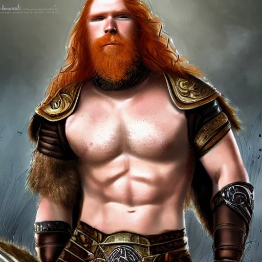 Image similar to ginger viking with flowing long wavy hair in leather and metal armor, bare chest, very pale, very hairy, very muscular, very tall, full body picture, fantasy, dungeons and dragons, detailed digital art, 4 k