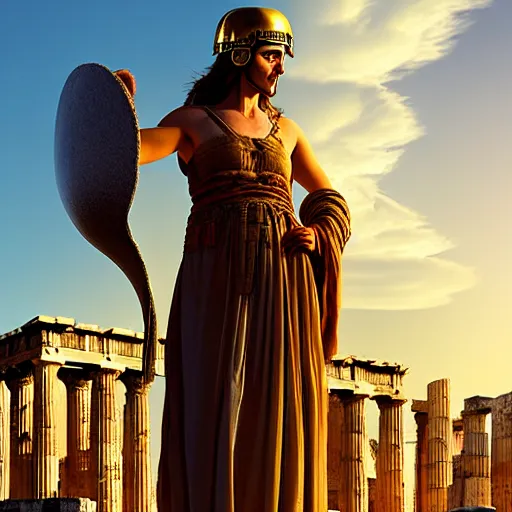 Prompt: greek ancient woman in Athena's helmet standing on a giant greek ancient bearded man head, late afternoon light, greek temple of olympus glory island, wispy clouds in a blue sky, by frank lloyd wright and greg rutkowski and ruan jia