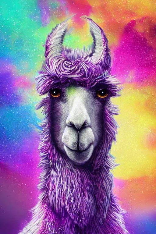 Prompt: vivid 3D animated designscapes with bursts of radiant particles–building an ethereal llama portrait, professional concept art, trending on artstation, geometric llama