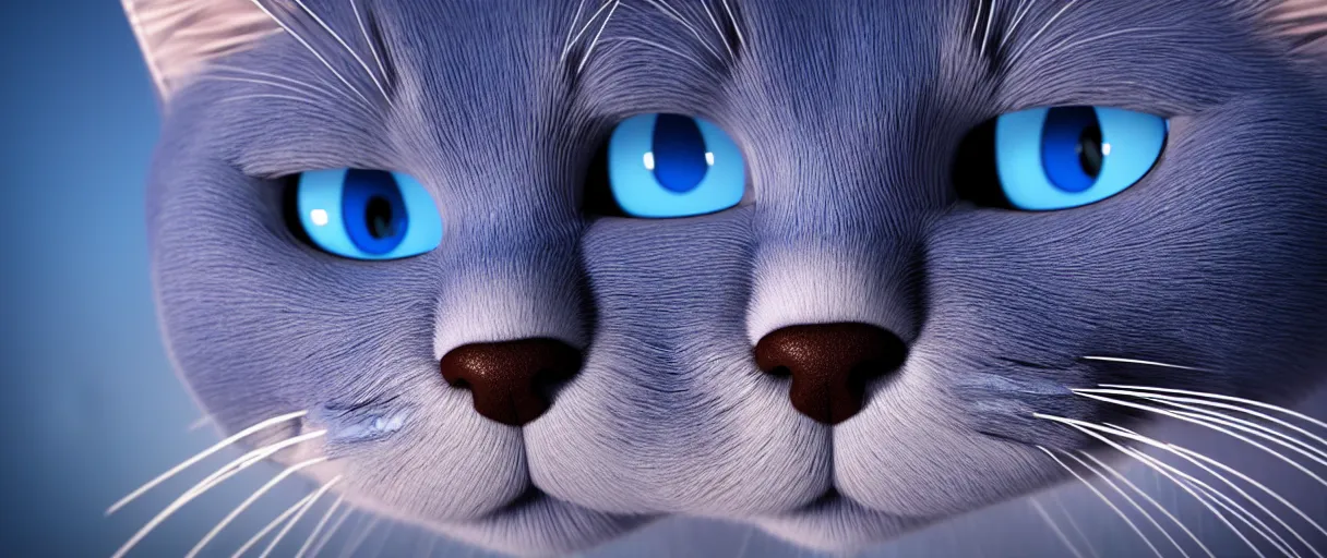 Image similar to hyperrealistic detailed close-up 3d render of a sad cute blue cat with round puppy eyes sharp cinematic lighting vray 8k low angle shallow depth of field