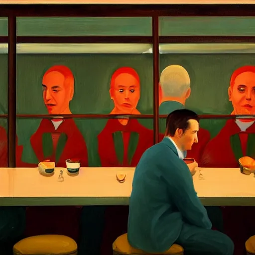Prompt: a portrait of a sad man in a diner painted in the style of Edward Hopper, 4k,