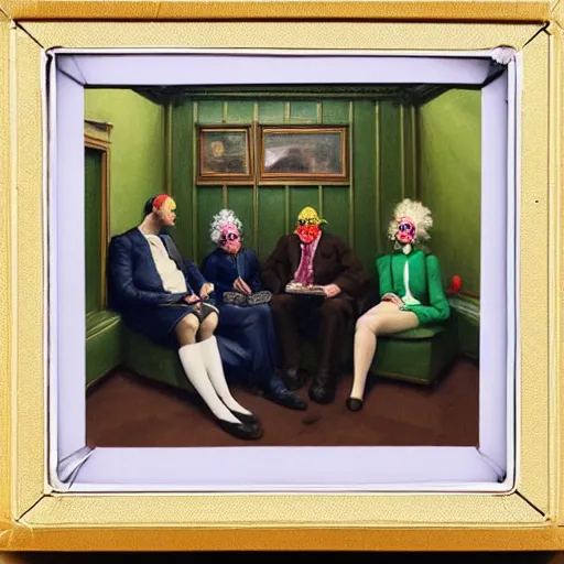 Prompt: a polaroid of a highly detailed beautiful portrait close up hyper realistic photograph of british members of parliament in the house of commons wearing pastel coloured clown costumes, they are smoking cannabis. without visible brushstrokes but in the style of edward hopper, richard hamilton. concept art. green leather benches. photographic. concept. crisp. no artefacts. desaturated. high fidelity facial portrait. 8 k