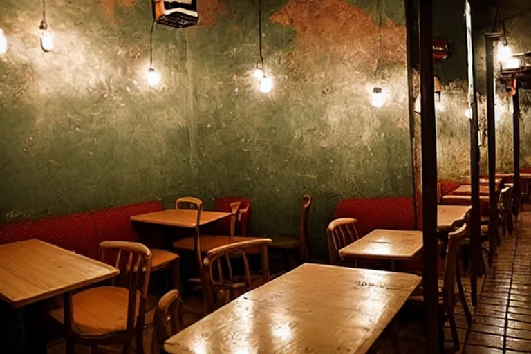 Prompt: belarussian cafe, state of melancholy, romantic, dimmed lights, realistic