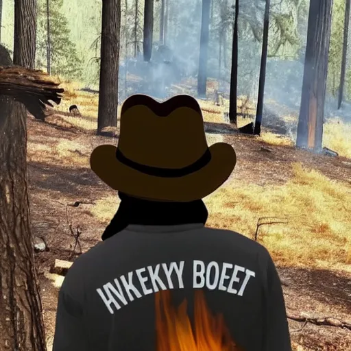 Image similar to smokey the bear watching his family being burnt alive in a forest fire