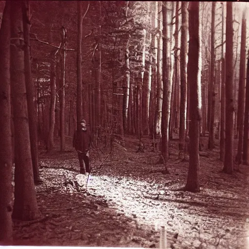 Prompt: a shadow man standing in the distance inside of a forest, taken on a ww2 camera.