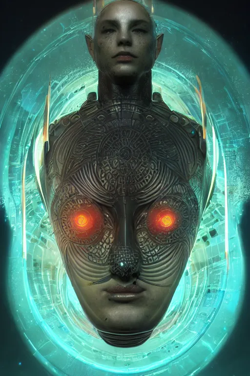 Prompt: a centered render of an ancient futuristic warrior with digital modifications surrounded by a underwater ink pour and flowing liquid gallium and complex sacred geometry, perfect body and face, powerful, cinematic, beautifully lit, by beeple, by artgerm, by karol bak, 3 d, trending on artstation, octane render, 8 k