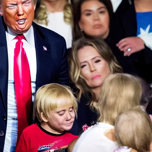 Image similar to Donald Trump crying behind a small child, realistic, photograph