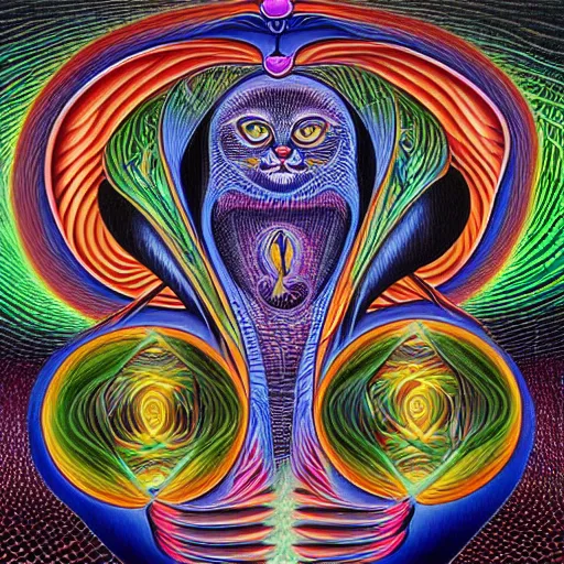 Image similar to cat having an ego trip, by alex grey