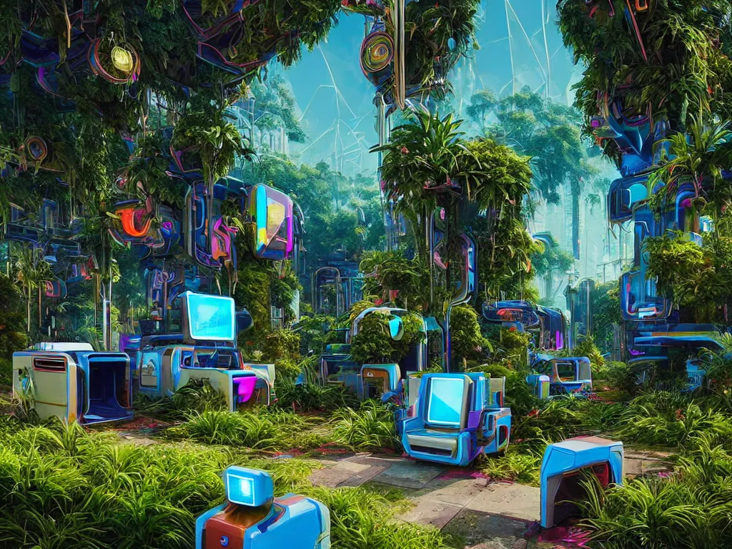 Image similar to 80s futuristic outdoor retro arcade, desolate, lush vegetation:: by beeple and James Gilleard and Justin Gerard :: ornate, dynamic, particulate, intricate, elegant, highly detailed, centered, artstation, smooth, sharp focus, octane render, 3d