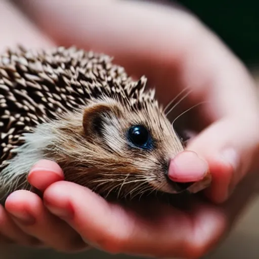 Prompt: a close up photo of a girl holding a baby hedgehog in her hand with the hedgehog upside down, real photo, real camera, dslr, intricate quality, 8 k