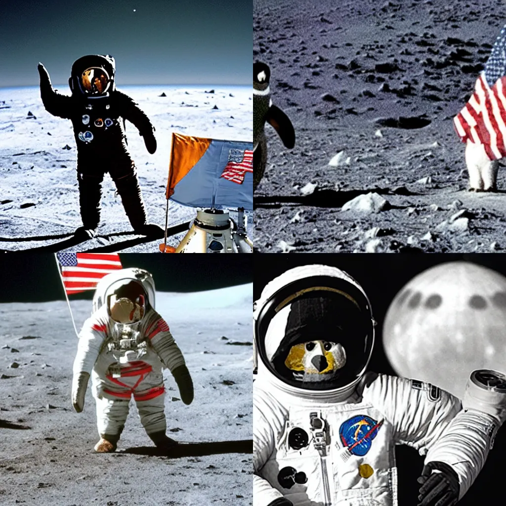 Prompt: penguin astronaut with astronaut helmet, planting the flag of Antarctica on the moon, archive photo