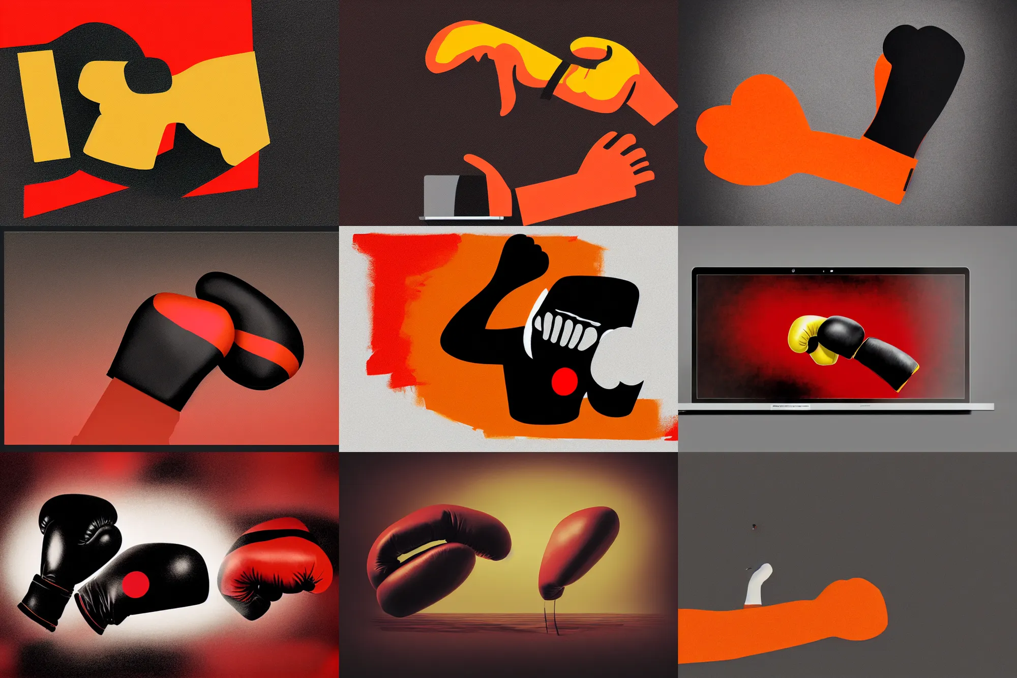 Prompt: editorial illustration by karolis strautniekas and mads berg, boxing glove punching a laptop screen, very light fog, red black yellow orange, fine texture, detailed, muted colors, film noir, dramatic lighting, dynamic composition, vivid, matte print, wide angle, ( ( sunbeams ) ), moody