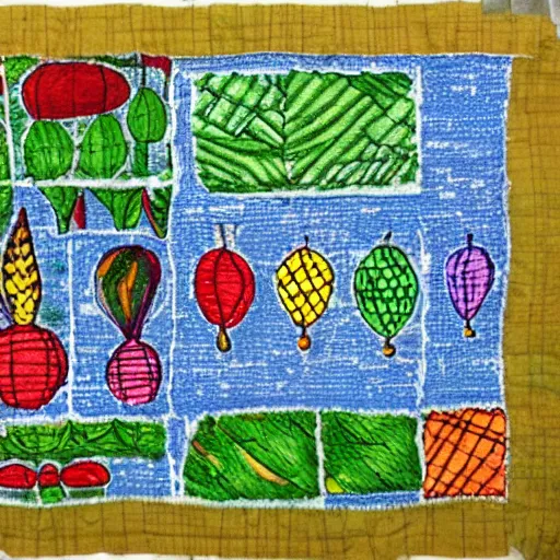 Prompt: a balloon from above, made from patchwork of several pattern cloths, over a landscape of different vegetable crops and some trees. High quality, crayon drawing, aware winning, nostalgic