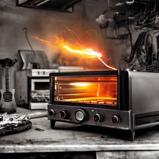 Image similar to toaster oven shangig by metallic cables, symmetry, dark messy smoke - filled cluttered workshop, dark, dramatic lighting, orange tint, sparks, cinematic, highly detailed, sci - fi, futuristic, movie still