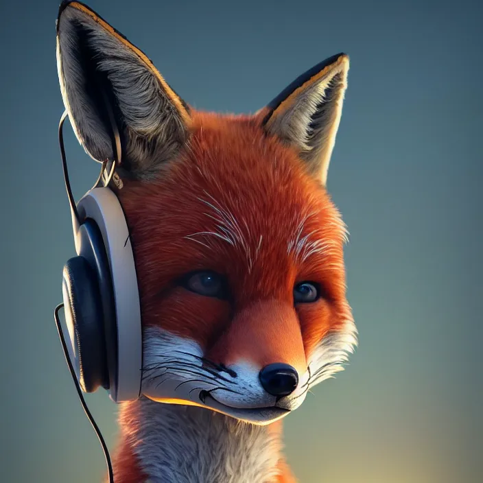 Image similar to fox with headphones, HD, 4K, intricate abstract. intricate artwork. by Tooth Wu, wlop, beeple, dan mumford, octane render, trending on artstation, greg rutkowski very coherent symmetrical artwork. cinematic, hyper realism, high detail, octane render, 8k, iridescent accents