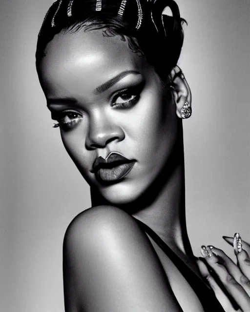 Prompt: a beautiful professional photograph of rihanna as beautiful by herb ritts, arthur elgort and ellen von unwerth for vogue magazine, unusually attractive, fashion model looking at the camera in a flirtatious way, zeiss 8 0 mm f 2. 8 lens