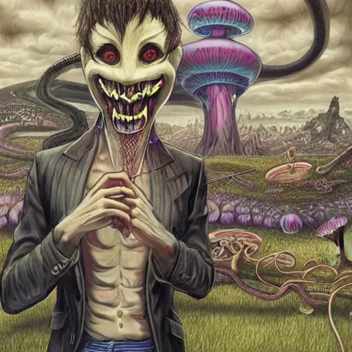 Image similar to A centered chest up portrait of a psychedelic demonic anthropomorphic snake smoking a hand-rolled cigarette smoking heavily , magic mushroom village in background , award winning. superb resolution. in the art style of junji Ito and greg rutkowski . Detailed Mushroom city in background. Hyper realistic anime. Perfect art. Dalle2