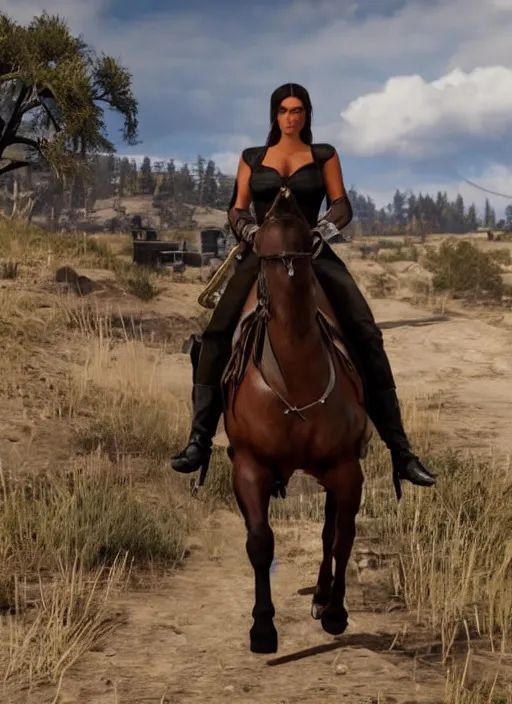 Image similar to film still of kim kardashian as Sadie Adler in rdr2.