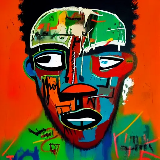 Prompt: gritty splattered punk painting of a geometric face with surprised expression, painted by basquiat. dark background. trending on artstation.