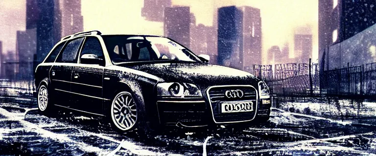 Image similar to Audi A4 B6 Avant (2002), a gritty neo-noir, dramatic lighting, cinematic, eerie person, death, homicide, homicide in the snow, viscera splattered, gunshots, bullet holes, establishing shot, extremely high detail, cracked windows, photorealistic, arson, burning car wreck, cinematic lighting, artstation, by simon stalenhag, Max Payne (PC) (2001) winter New York at night, In the style of Max Payne 1 graphic novel, flashing lights, Poets of the Fall - Late Goodbye