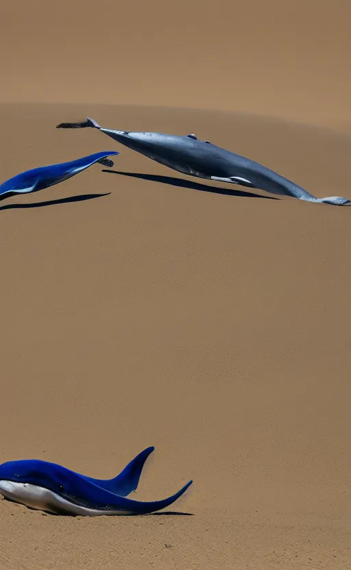 Image similar to blue whales jumping in sand dunes, photography