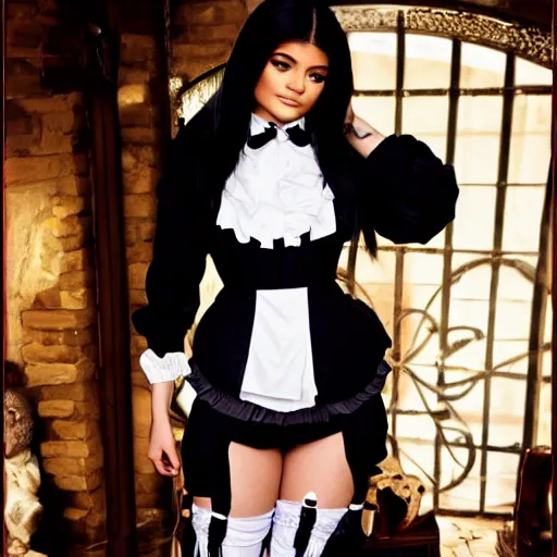 Prompt: kylie jenner in 2 b cosplaying victorian maid outfit light cinematography photoshoot