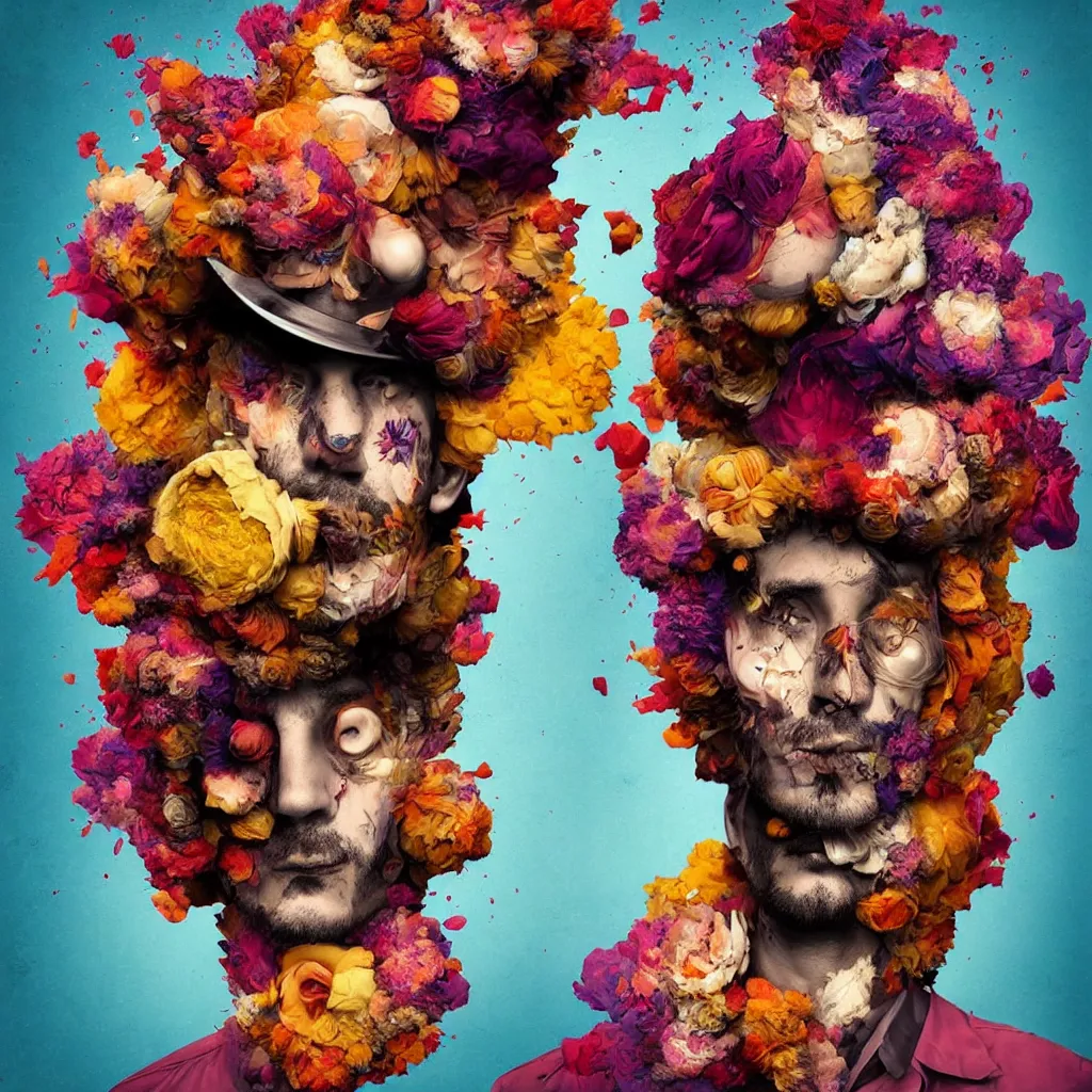 Image similar to an album cover of a man with a strange hat on his head by Alberto Seveso, behance contest winner, award winning, masterpiece, pop surrealism, made of flowers, surrealist-H 1024