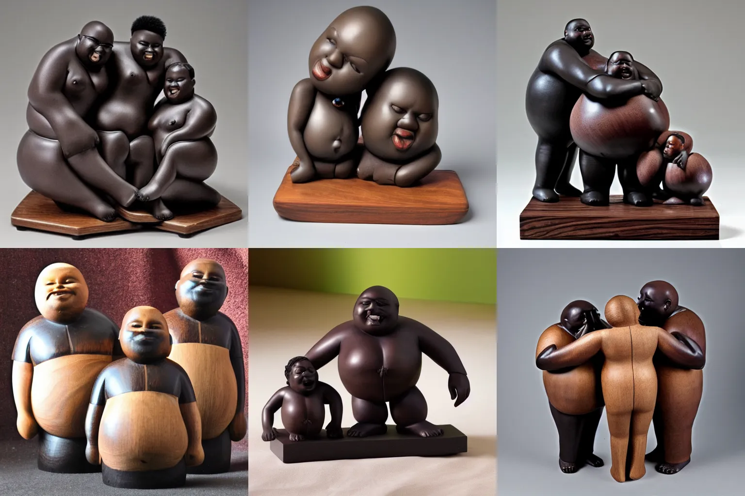 Prompt: ebony wood sculpture of three fat androgynous black people loving each other