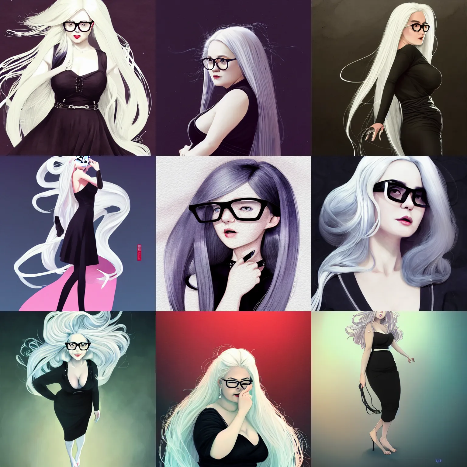 Prompt: woman with long white hair, curvy figure, black dress with silver belt, wearing black frame glasses, solid background color, digital art, illustration, cinematic lighting, vibrant watercolor, wenjun lin, pixiv, artgerm, ilya kuvshinov, hyanna natsu, krenz cushart, wlop, nixeu, razaras, kasai