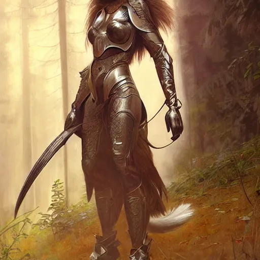 Prompt: long shot photo of a humanoid female she - wolf with wolf head were a heroic dress an armour in the forest, long hair, highly detailed, digital painting, artstation, smooth, sharp focus, illustration, art by artgerm and greg rutkowski and alphonse mucha