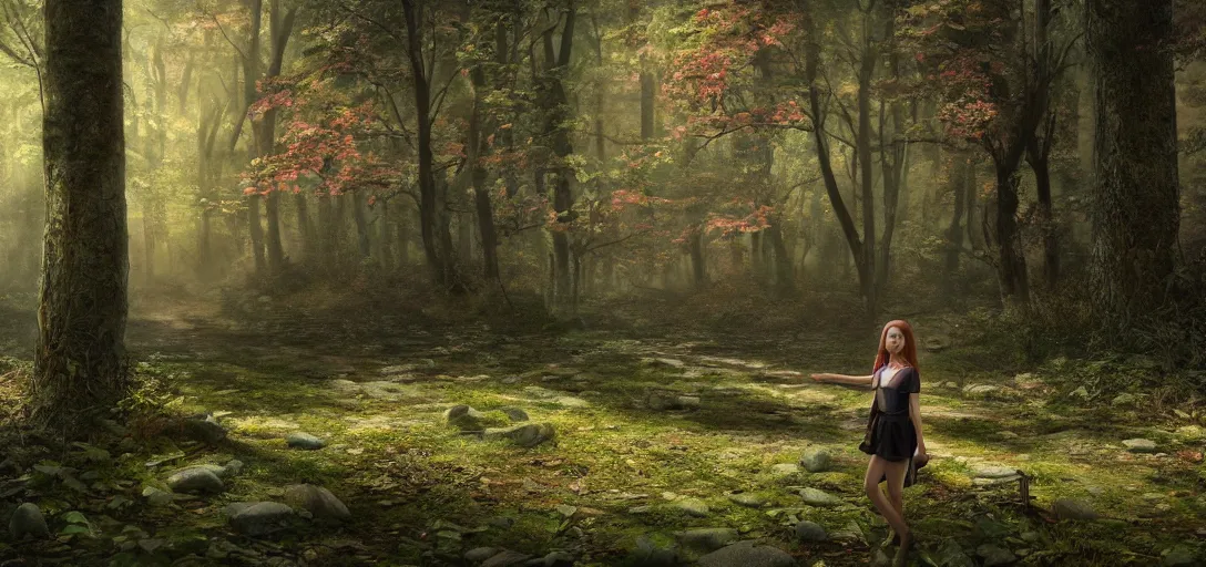 Prompt: A beautiful hyper realistic ultra detailed lifelike matte painting of a lost girl in the woods, unreal engine, deviantart, flickr, artstation, octane render, textured, colorful, extreme realistic detail, physically based rendering, pbr render, very detailed, volumetric lighting, detailed lighting, octane render, 4k, cinematic lighting, 8k resolution